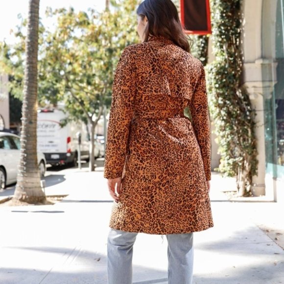 CLASSIC vegan suede Leopard Print Trench coat jack - Picture 4 of 7
